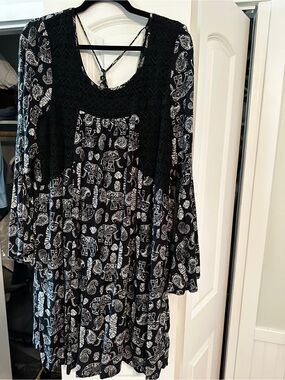 Allison Brittney Black Dress with White Animal Print Long Sleeves